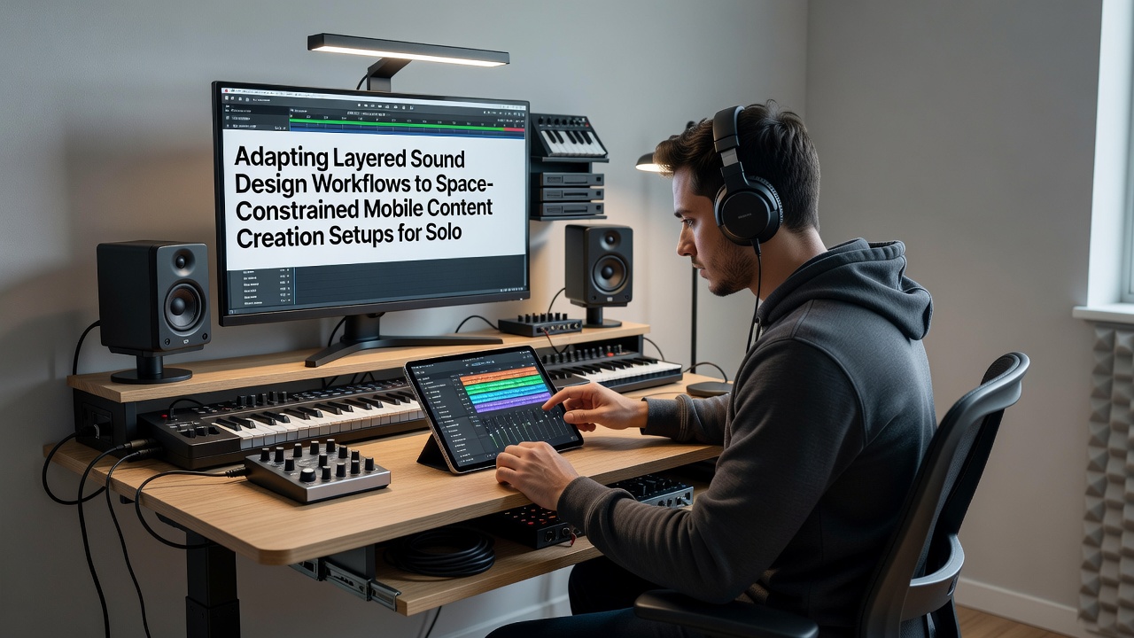 Close-up of mobile audio interface and tablet running layered sound design software