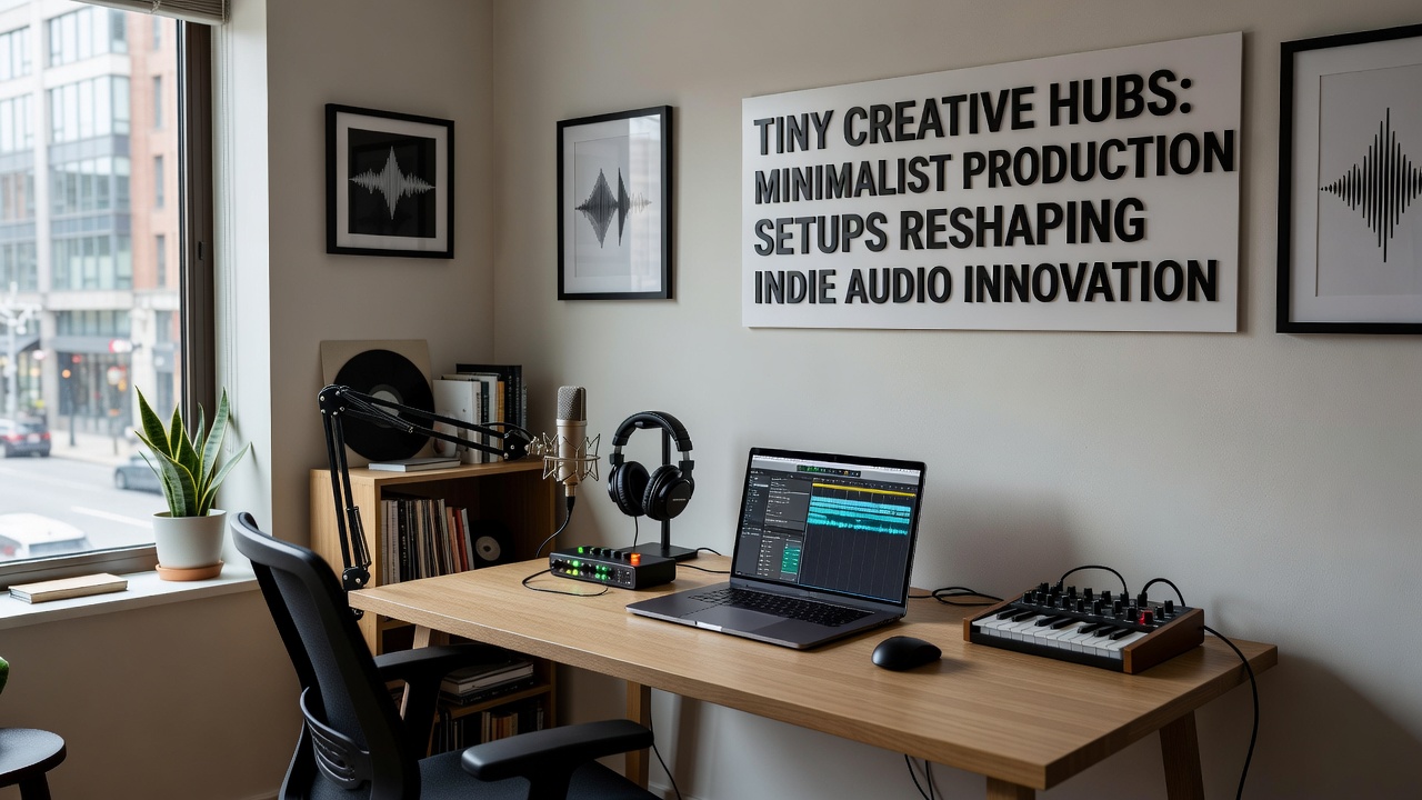 Interior view of a compact creative hub showing organized minimalist audio equipment and collaborative workspace