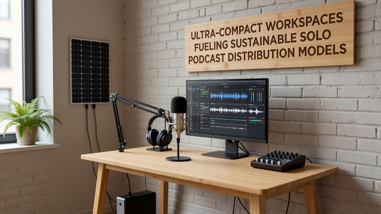 Solo podcaster managing distribution tasks on a compact desk with laptop and minimal audio gear